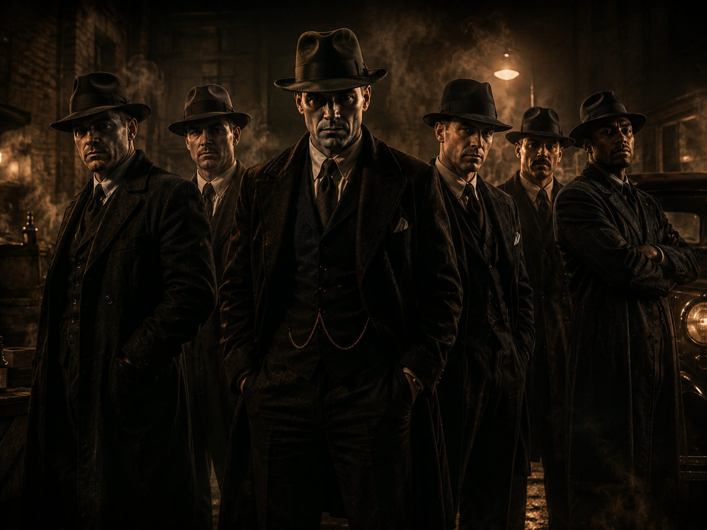 Groupe de gangsters en costume et chapeau